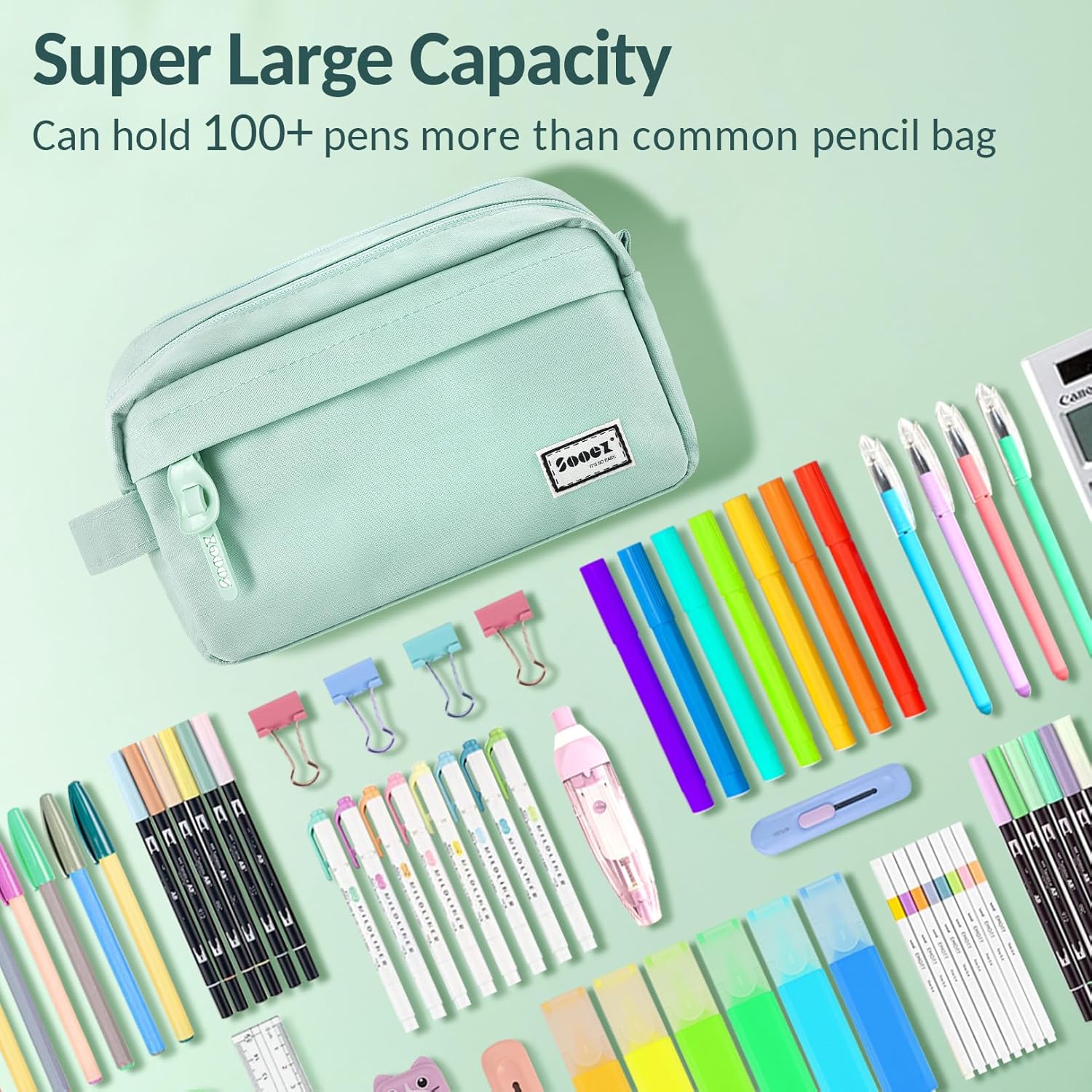 Sooez 𝐎𝐫𝐢𝐠𝐢𝐧𝐚𝐥 High Capacity Pencil Case, Big Pencil Bag Pouch Box Organizer Pen Case, Portable Journaling Supplies with Easy Grip Handle & Loop, Aesthetic Supply for Girls Adults, Mint Green-2