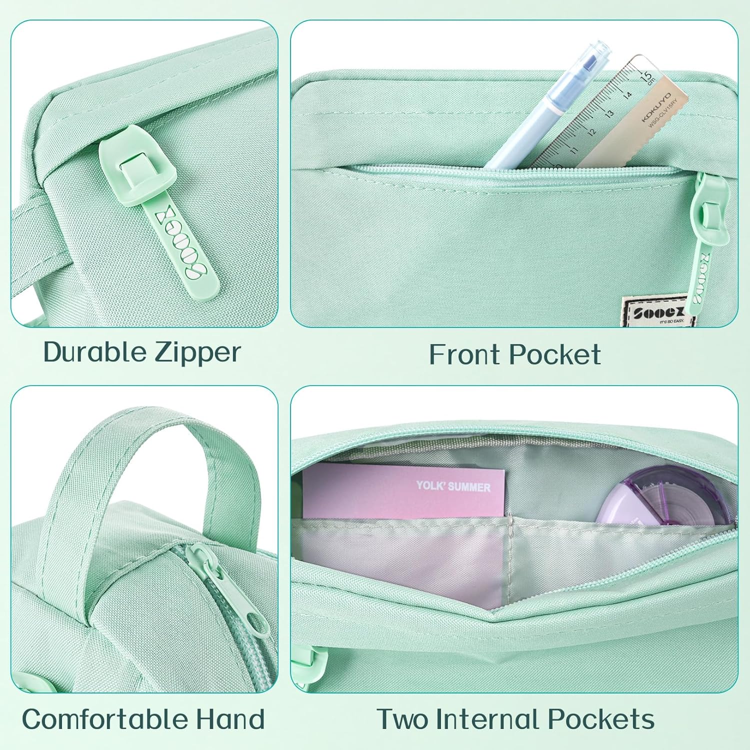 Sooez 𝐎𝐫𝐢𝐠𝐢𝐧𝐚𝐥 High Capacity Pencil Case, Big Pencil Bag Pouch Box Organizer Pen Case, Portable Journaling Supplies with Easy Grip Handle & Loop, Aesthetic Supply for Girls Adults, Mint Green-4