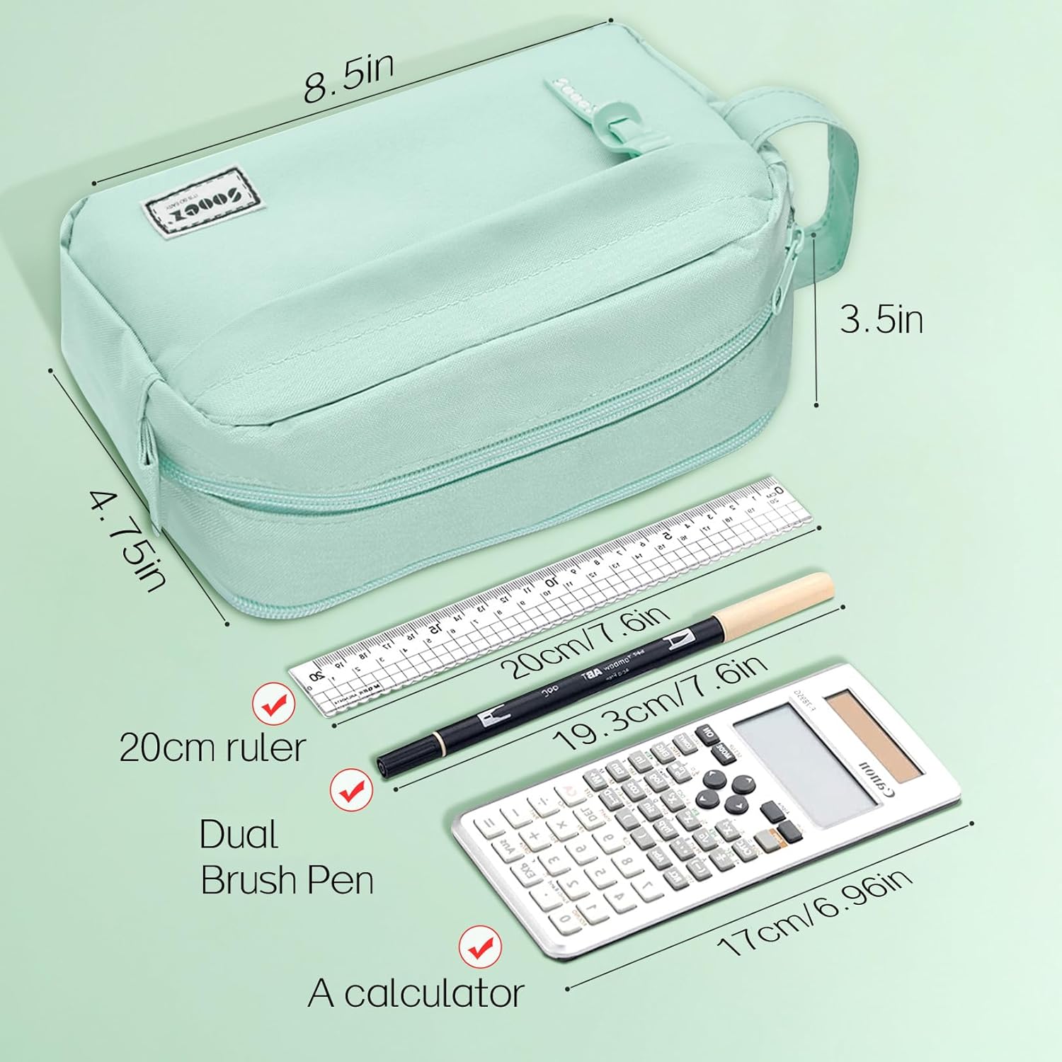 Sooez 𝐎𝐫𝐢𝐠𝐢𝐧𝐚𝐥 High Capacity Pencil Case, Big Pencil Bag Pouch Box Organizer Pen Case, Portable Journaling Supplies with Easy Grip Handle & Loop, Aesthetic Supply for Girls Adults, Mint Green-5