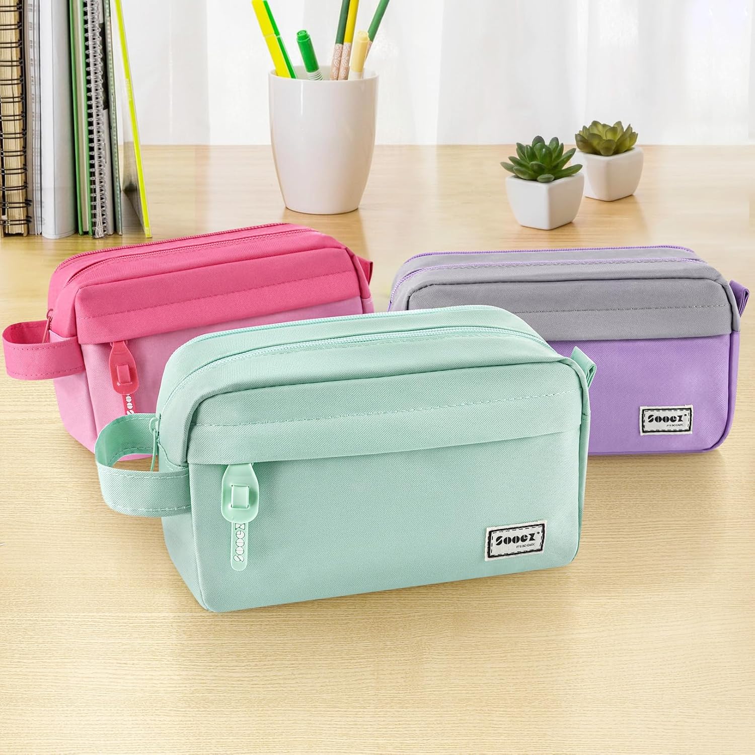 Sooez 𝐎𝐫𝐢𝐠𝐢𝐧𝐚𝐥 High Capacity Pencil Case, Big Pencil Bag Pouch Box Organizer Pen Case, Portable Journaling Supplies with Easy Grip Handle & Loop, Aesthetic Supply for Girls Adults, Mint Green-6