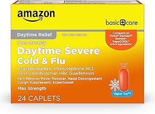 Amazon Basic Care Daytime Severe Cold & Flu Relief Caplets, Cold Medication for Severe Cold and Flu Symptoms Like Headache, Fever, Coughing, Chest & Nasal Congestion, Vapor Ice, 24 Count