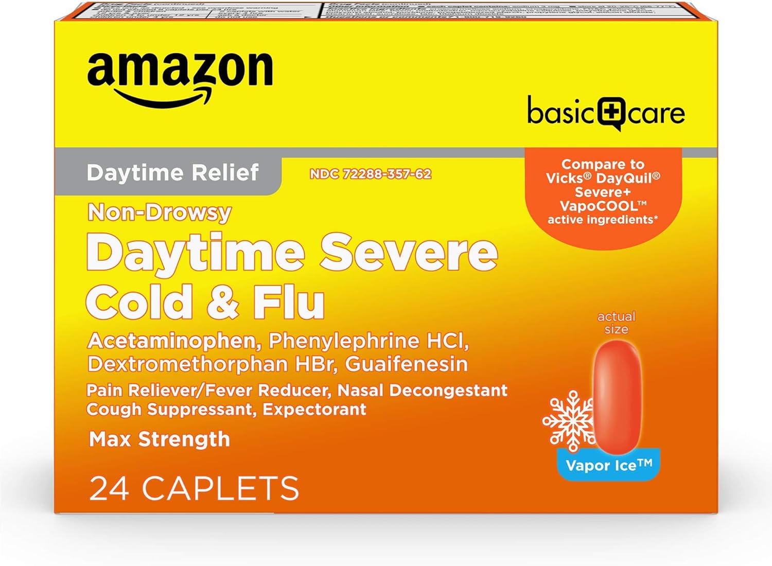 Amazon Basic Care Daytime Severe Cold & Flu Relief Caplets, Cold Medication for Severe Cold and Flu Symptoms Like Headache, Fever, Coughing, Chest & Nasal Congestion, Vapor Ice, 24 Count-0