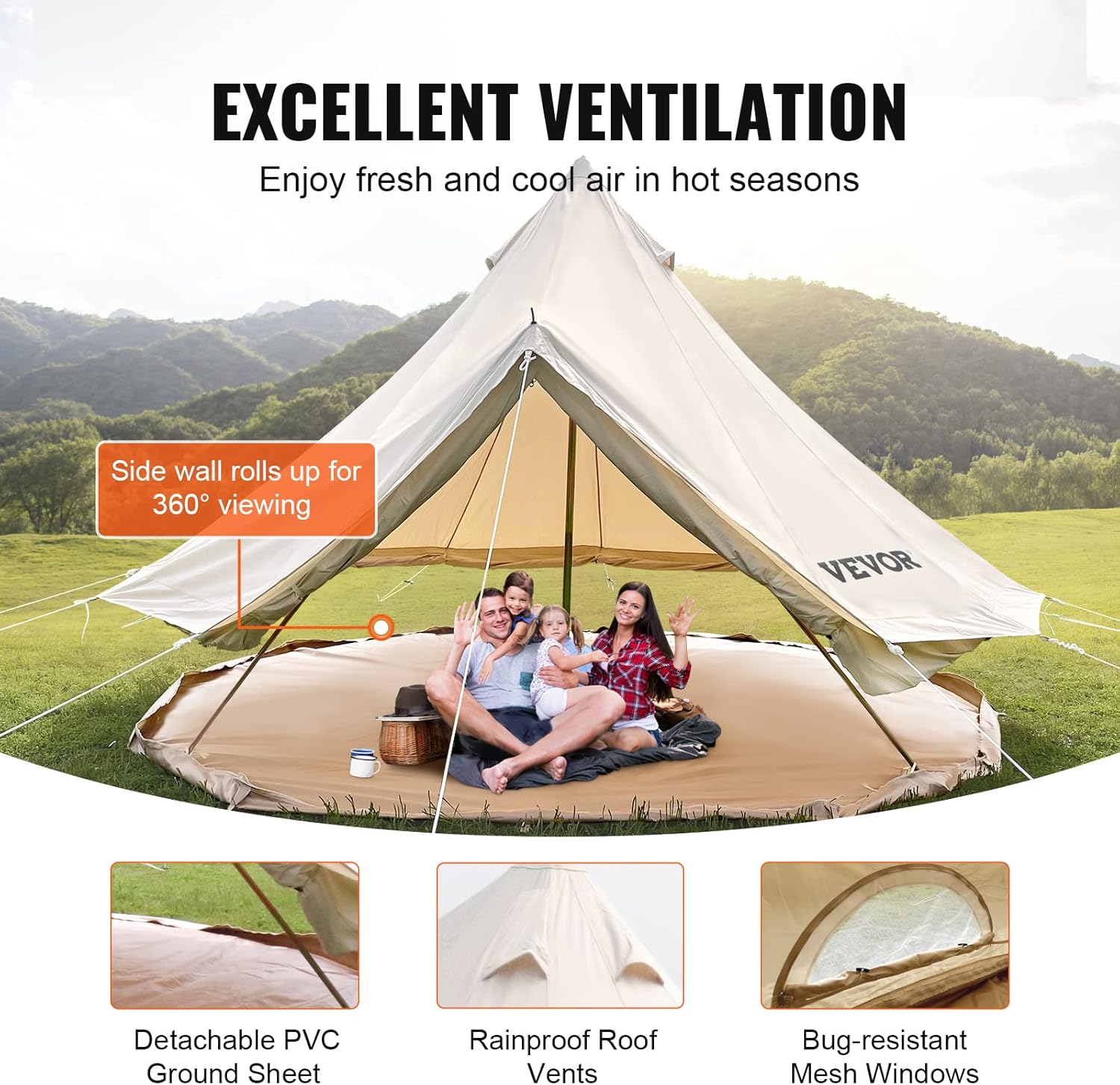 Happybuy Canvas Bell Tent, 4 Seasons Breathable 100% Cotton Canvas Yurt Tent - w/Stove Jack, Luxury Glamping Tent Waterproof Canvas Tents for Family Camping Outdoor Hunting Party-4