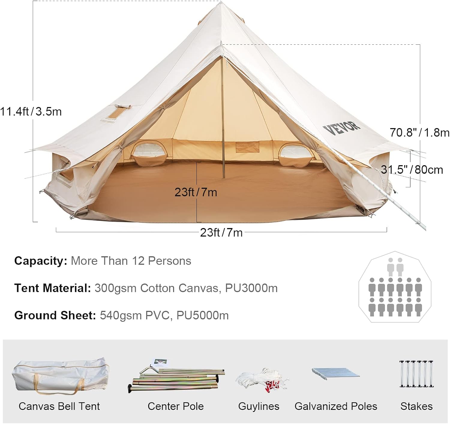 Happybuy Canvas Bell Tent, 4 Seasons Breathable 100% Cotton Canvas Yurt Tent - w/Stove Jack, Luxury Glamping Tent Waterproof Canvas Tents for Family Camping Outdoor Hunting Party-6