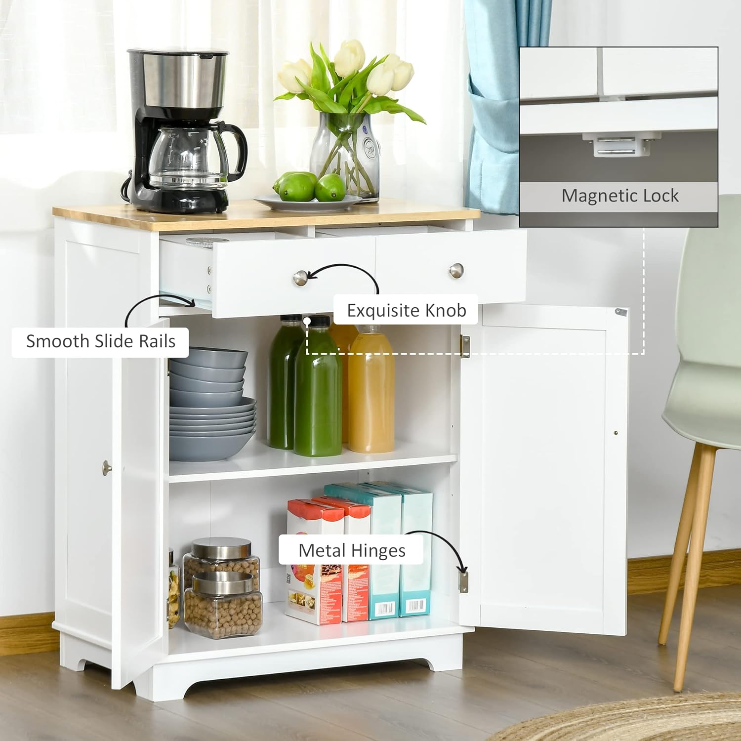 HOMCOM Sideboard with Solid Wood Countertop, Modern Kitchen Storage Cabinet, Coffee Bar Cabinet with 2 Drawers, Doors and Adjustable Shelf, White-6