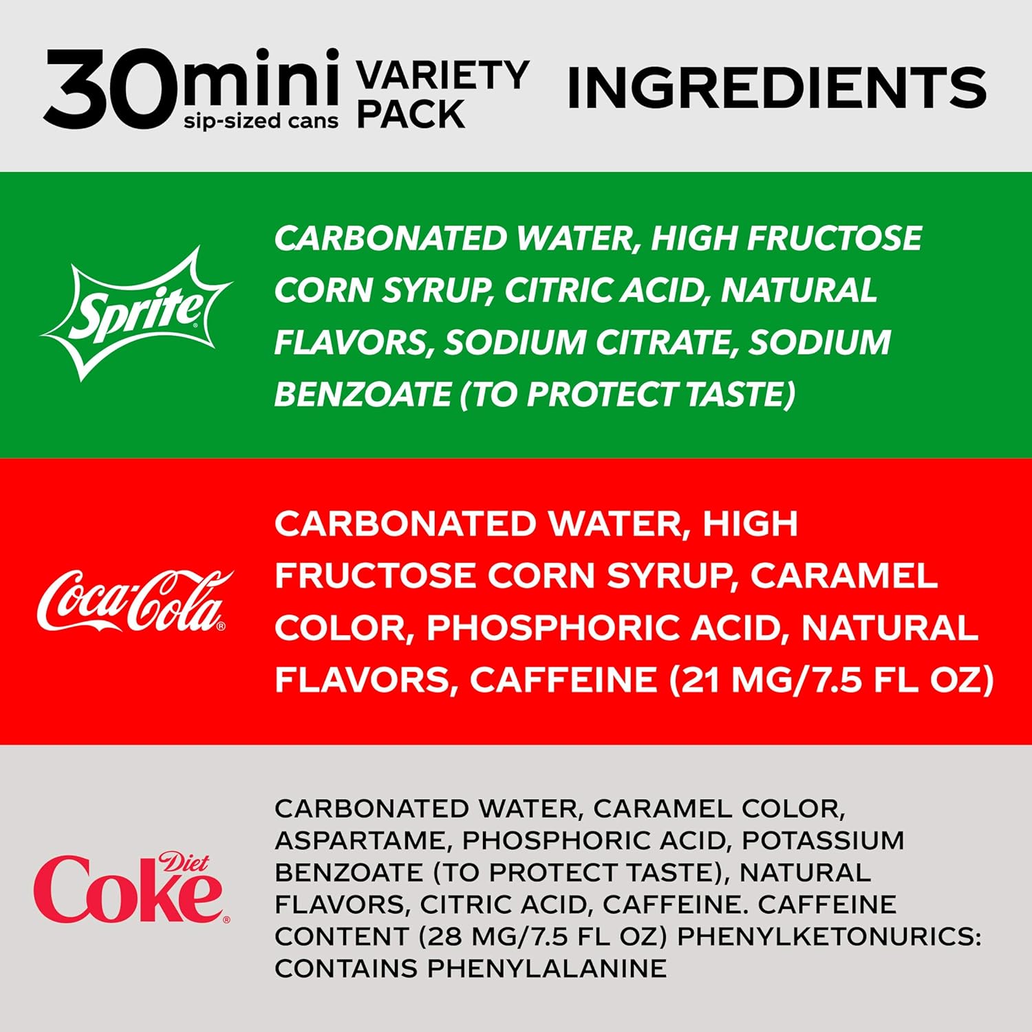 Coca-Cola Mini Can Variety Pack, 7.5 Fl Oz, Pack Of 30 (10 Each: Coke Classic, Diet Coke, Sprite),, 7.5 Fl Oz ()-4