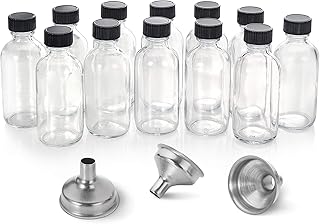 12 Pack, 2 oz Small Clear Glass Bottles w/ Lid & 3 Stainless Steel Funnels - 60ml Boston Sample Bottles - Mini Travel Essential or Decorative Bottles for Potion, Juice, Wellness, Ginger Shots, Whiskey