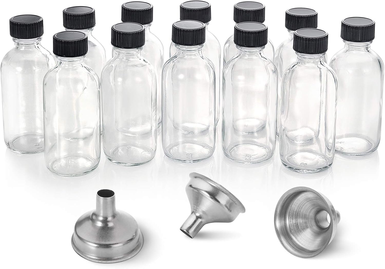 12 Pack, 2 oz Small Clear Glass Bottles w/ Lid & 3 Stainless Steel Funnels - 60ml Boston Sample Bottles - Mini Travel Essential or Decorative Bottles for Potion, Juice, Wellness, Ginger Shots, Whiskey-0