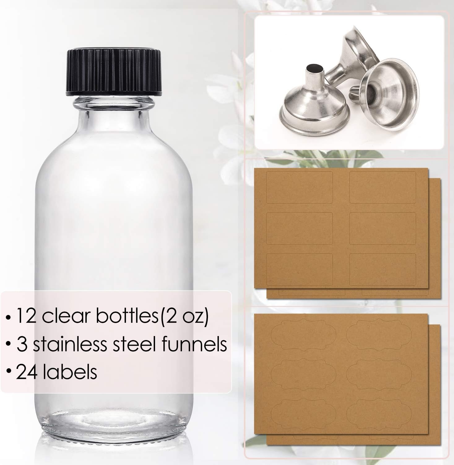 12 Pack, 2 oz Small Clear Glass Bottles w/ Lid & 3 Stainless Steel Funnels - 60ml Boston Sample Bottles - Mini Travel Essential or Decorative Bottles for Potion, Juice, Wellness, Ginger Shots, Whiskey-1