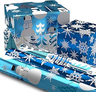 Hallmark Blue Foil Christmas Wrapping Paper with Cut Lines on Reverse (3 Rolls: 60 sq. ft. ttl) Snowmen, Snowflakes, Christmas Trees