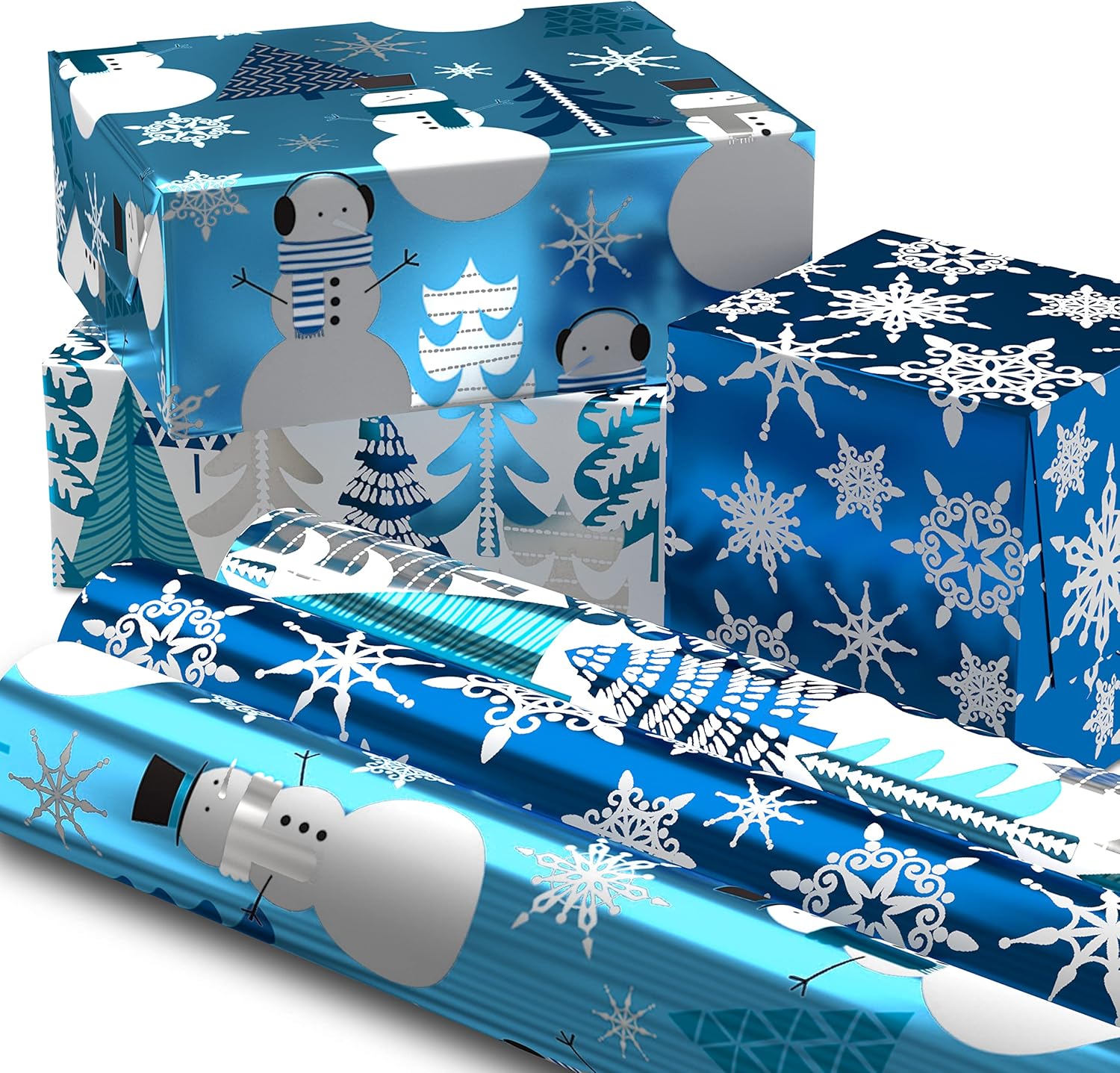 Hallmark Blue Foil Christmas Wrapping Paper with Cut Lines on Reverse (3 Rolls: 60 sq. ft. ttl) Snowmen, Snowflakes, Christmas Trees-0