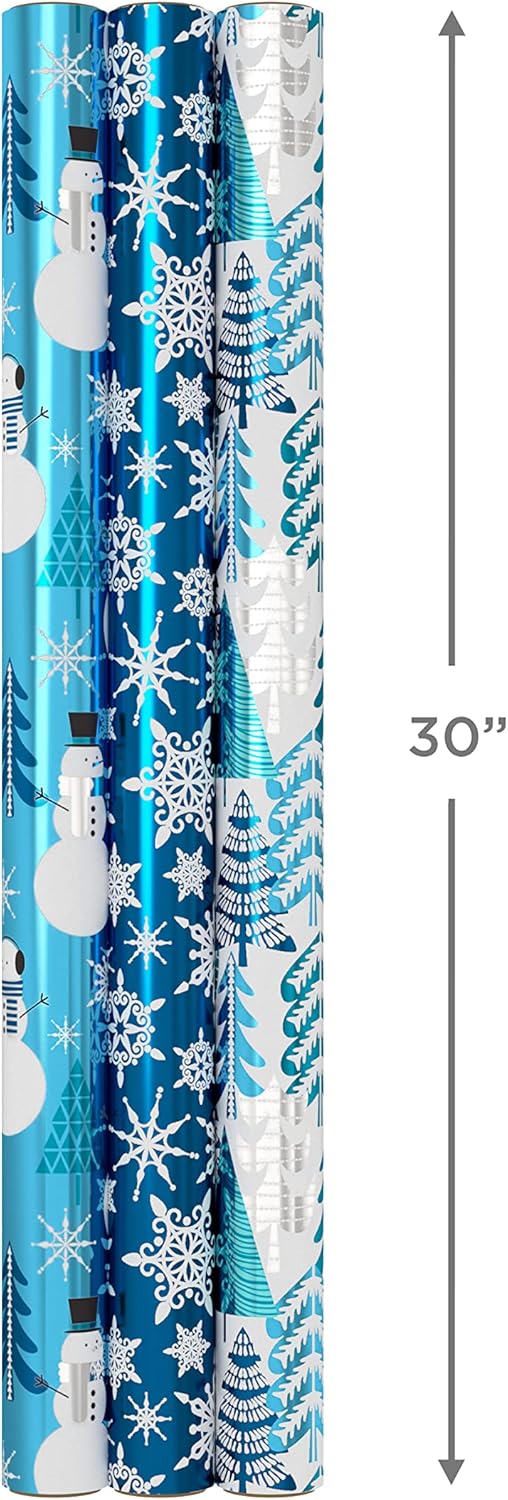 Hallmark Blue Foil Christmas Wrapping Paper with Cut Lines on Reverse (3 Rolls: 60 sq. ft. ttl) Snowmen, Snowflakes, Christmas Trees-2