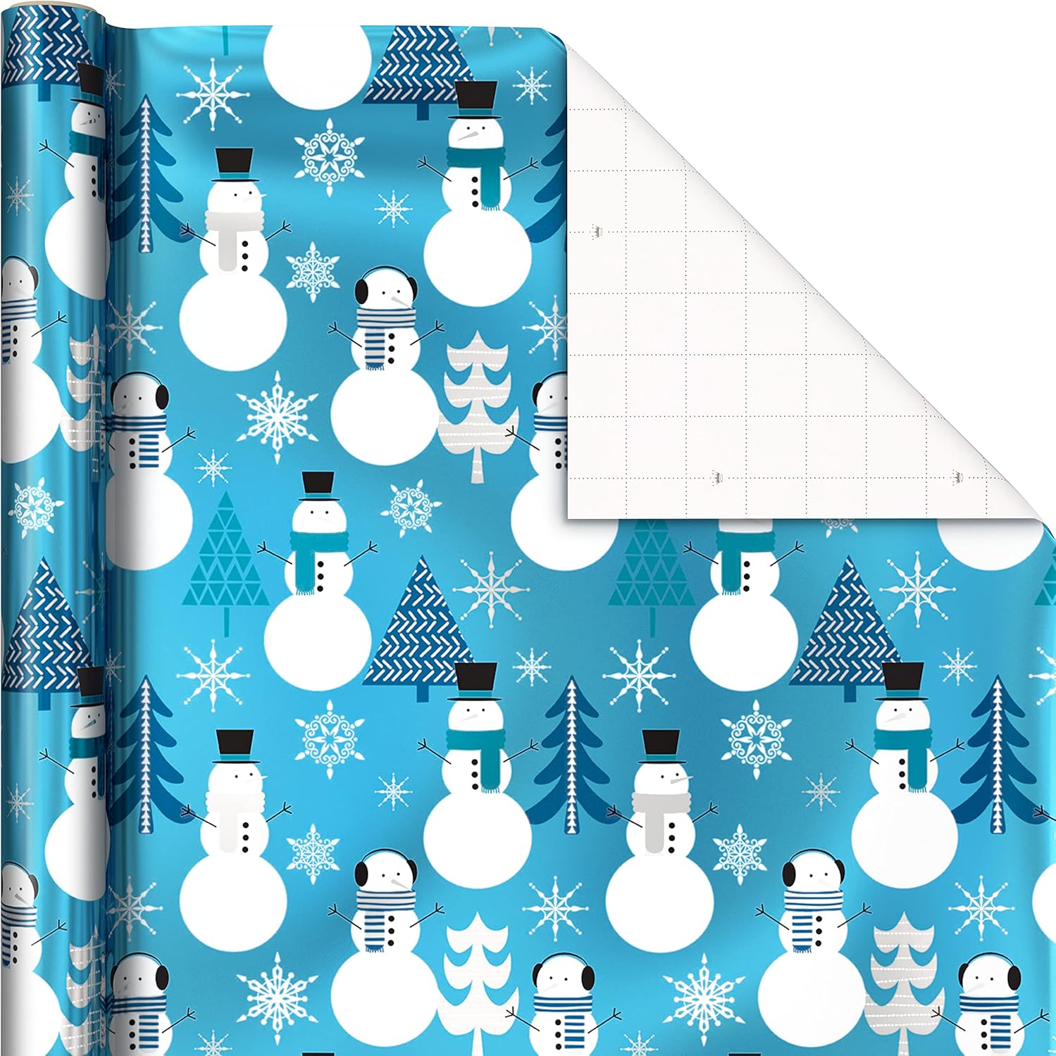 Hallmark Blue Foil Christmas Wrapping Paper with Cut Lines on Reverse (3 Rolls: 60 sq. ft. ttl) Snowmen, Snowflakes, Christmas Trees-3