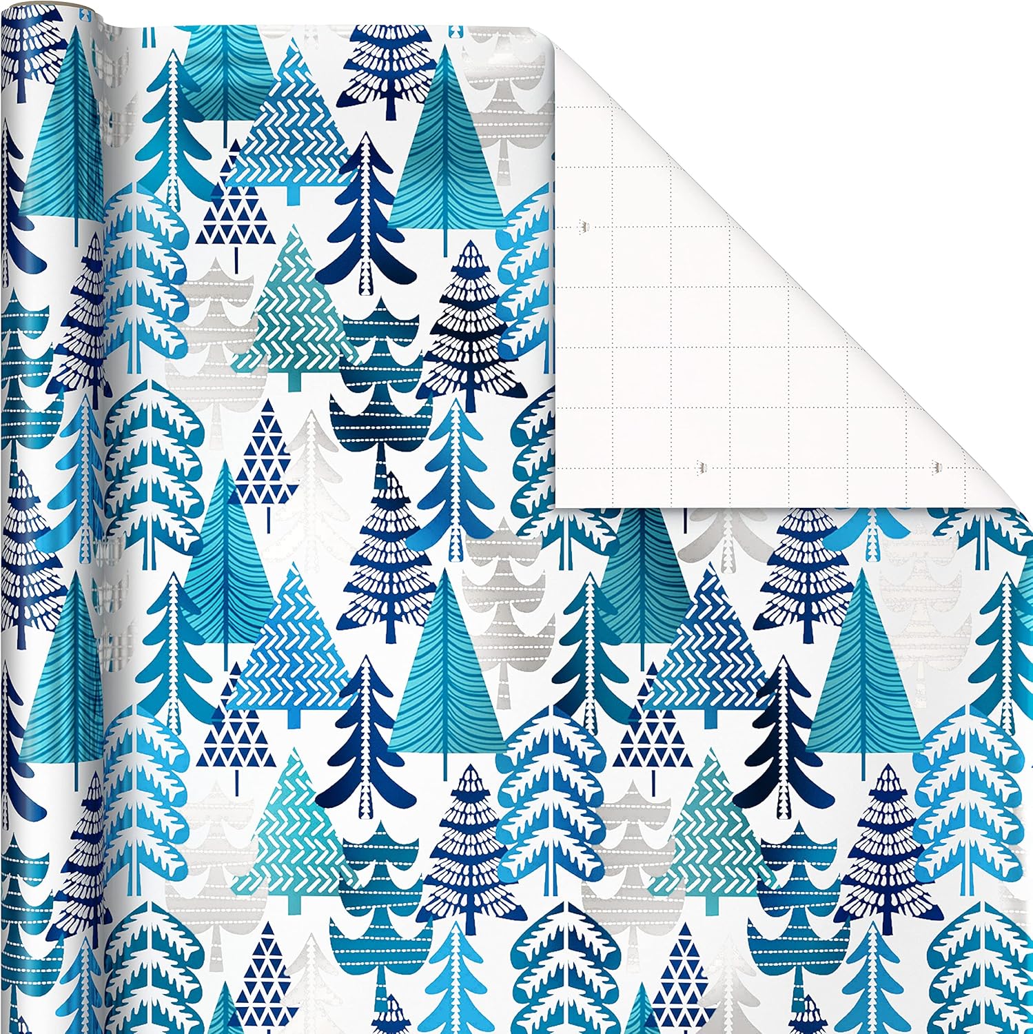 Hallmark Blue Foil Christmas Wrapping Paper with Cut Lines on Reverse (3 Rolls: 60 sq. ft. ttl) Snowmen, Snowflakes, Christmas Trees-5