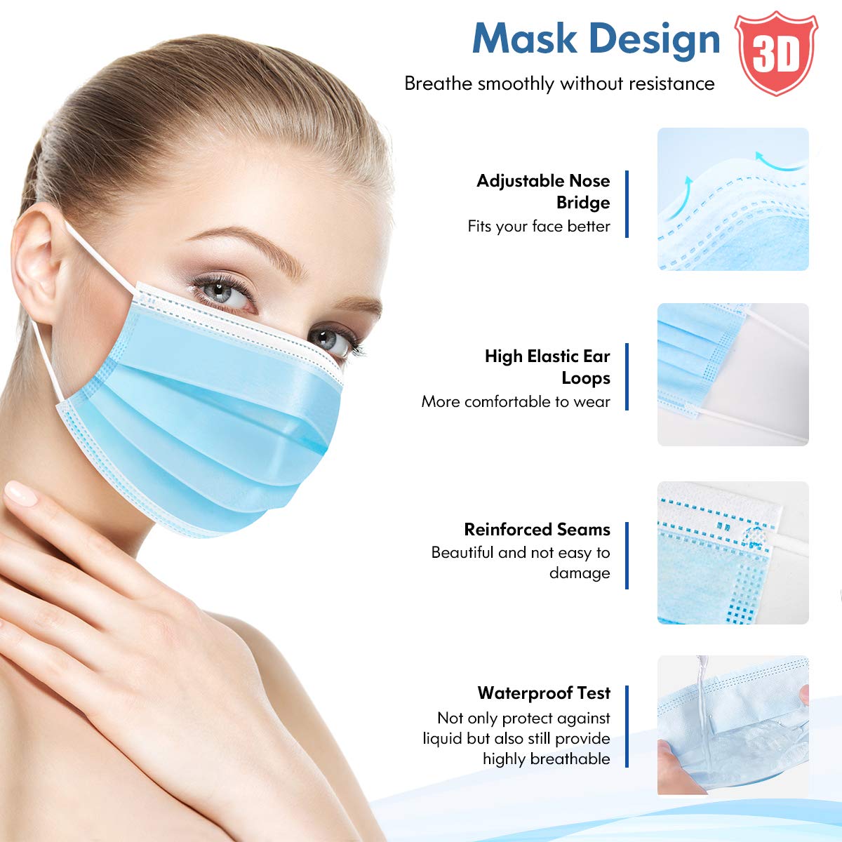 HDFK Face Mask Disposable Adults 3Ply Non-Woven with Nose Clip Ear Loop Blue 50Pack-4