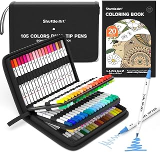 Shuttle Art Dual Tip Brush Pens Art Markers, 105 Colors Fine and Brush Dual Tip Markers Set in Portable Case with 1 Coloring Book for Kids Adult Artist Coloring Calligraphy Journal Doodling