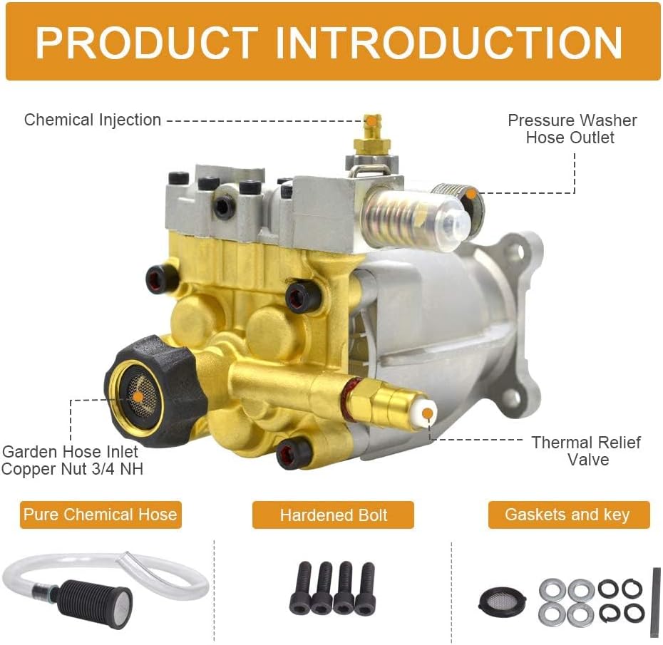 SurmountWay 3/4" Shaft Horizontal Pressure Washer Pump, 3400 PSI,2.6 GPM Brass Power Washer Pump Replacement for Honda, Simpson, Ryobi,Craftsman and more-1