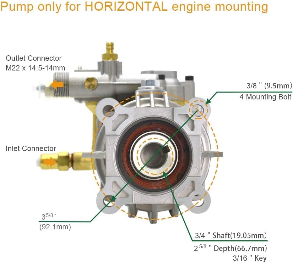 SurmountWay 3/4" Shaft Horizontal Pressure Washer Pump, 3400 PSI,2.6 GPM Brass Power Washer Pump Replacement for Honda, Simpson, Ryobi,Craftsman and more-3