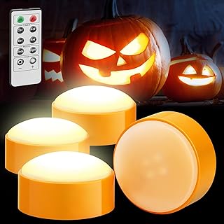 Luditek 4-Pack Halloween LED Pumpkin Lights with Remote and Timer, Battery Operated Orange Jack-O-Lantern Light for Halloween Decor, Flameless Candles for Pumpkin Decoration