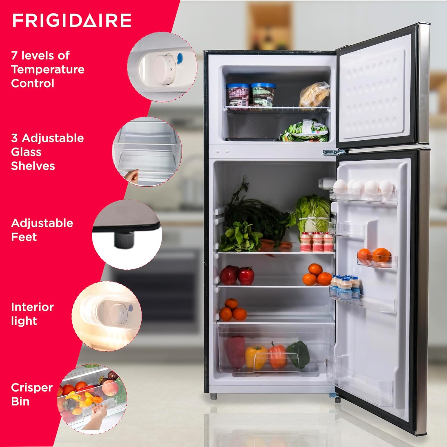 Frigidaire EFR751, 2 Door Apartment Size Refrigerator with Freezer Combo, 7.5 cu ft, Platinum Series, Stainless Steel-21.5" D x 22.4" W x 55.5" H-2