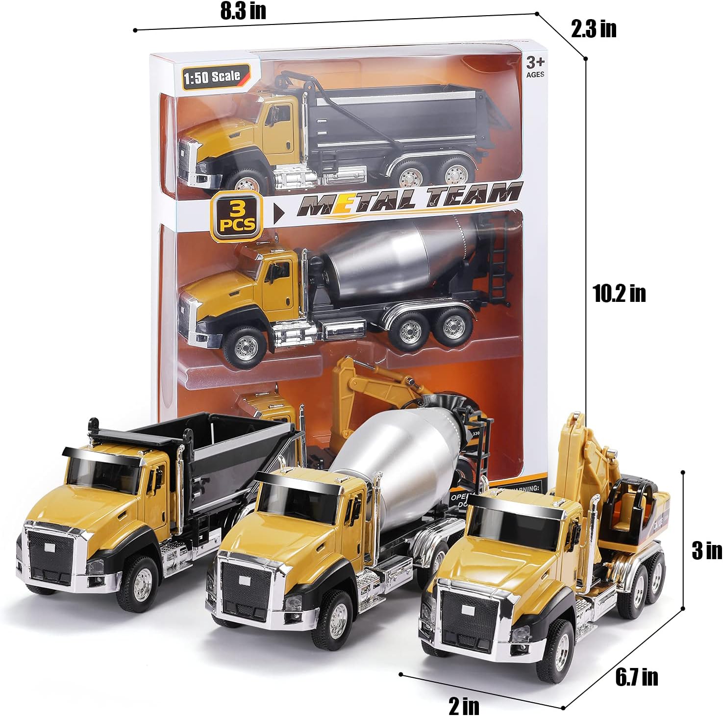 TEMI 3 Pack of Diecast Engineering Construction Vehicles, Dump Truck, Digger, Mixer Truck, 1/50 Scale Metal Collectible Model Cars, Pull Back Car Toys with Opening Doors for Boys and Girls-1