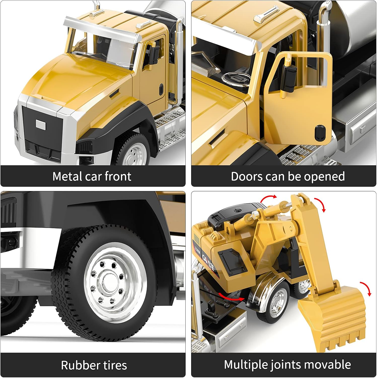 TEMI 3 Pack of Diecast Engineering Construction Vehicles, Dump Truck, Digger, Mixer Truck, 1/50 Scale Metal Collectible Model Cars, Pull Back Car Toys with Opening Doors for Boys and Girls-2