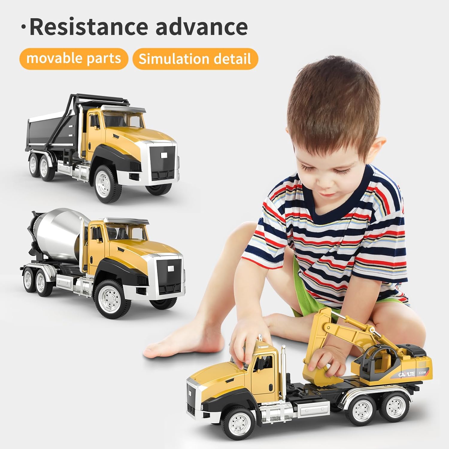 TEMI 3 Pack of Diecast Engineering Construction Vehicles, Dump Truck, Digger, Mixer Truck, 1/50 Scale Metal Collectible Model Cars, Pull Back Car Toys with Opening Doors for Boys and Girls-3