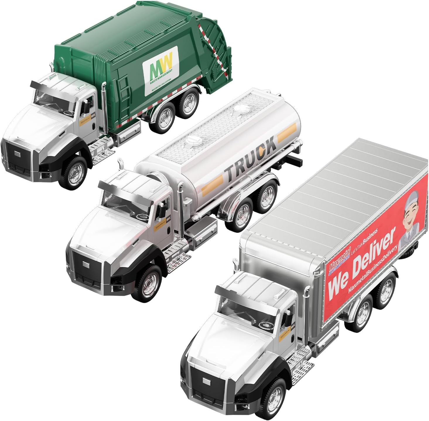 TEMI 3 Pack of Diecast City Transport Vehicles, Garbage, Tanker, Express Delivery, 1/50 Scale Metal Collectible Models With Opening Doors for Boys and Girls-0