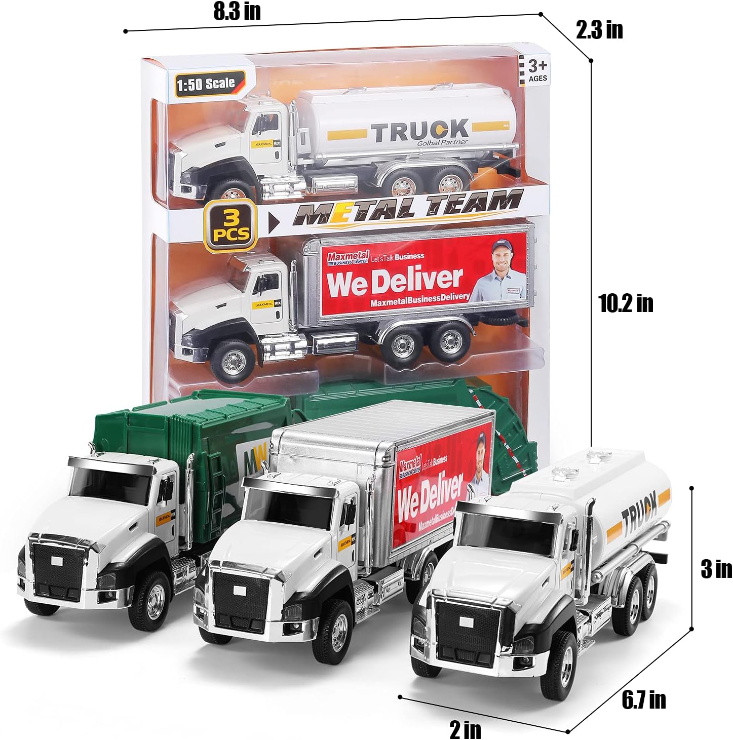 TEMI 3 Pack of Diecast City Transport Vehicles, Garbage, Tanker, Express Delivery, 1/50 Scale Metal Collectible Models With Opening Doors for Boys and Girls-1