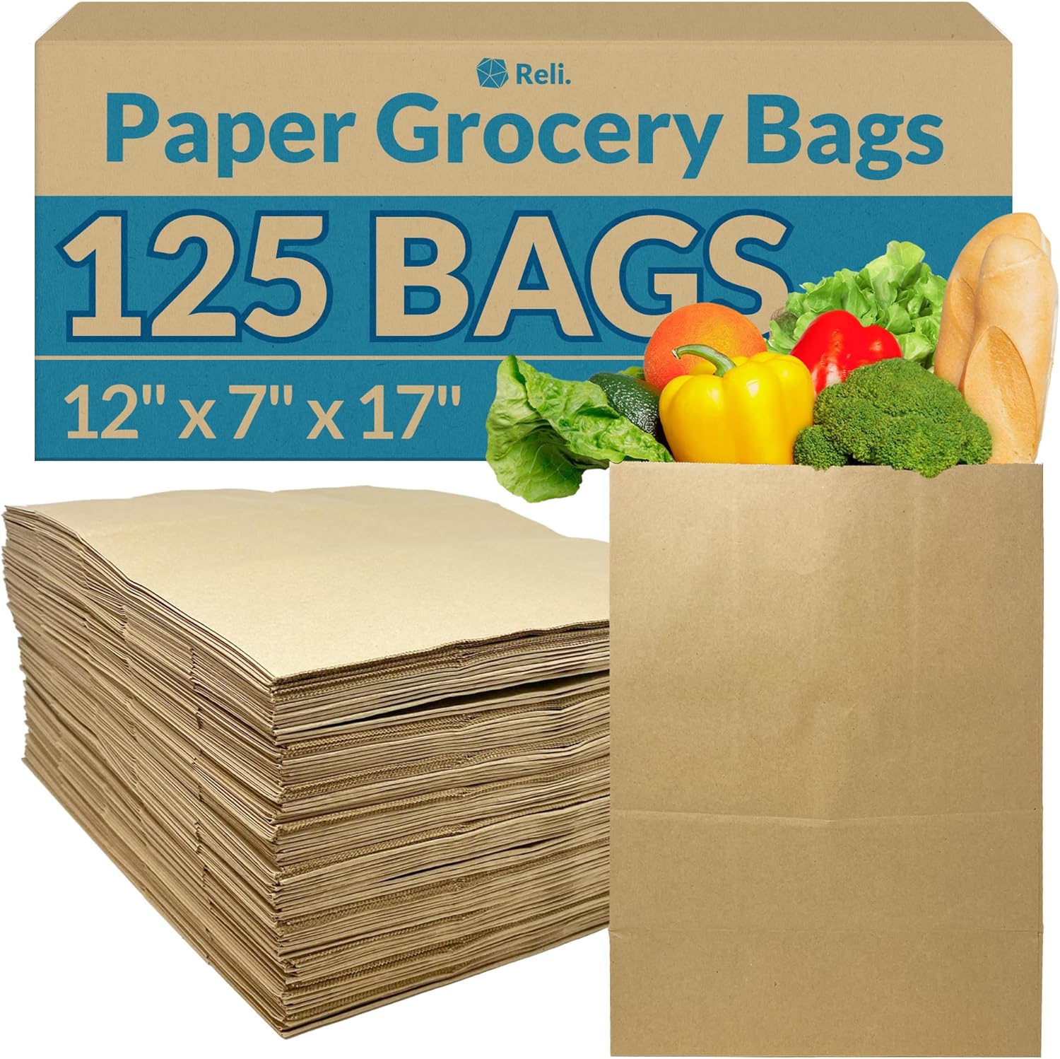 Reli. Paper Grocery Bags (125 Pcs Bulk) (12x7x17) 70 Lbs Basis, Extra Heavy Duty | Brown Paper Bag, Large Paper Grocery Bags/Kraft Paper Sacks -Takeout Bags/Restaurant, Retail, Shopping Bags-0