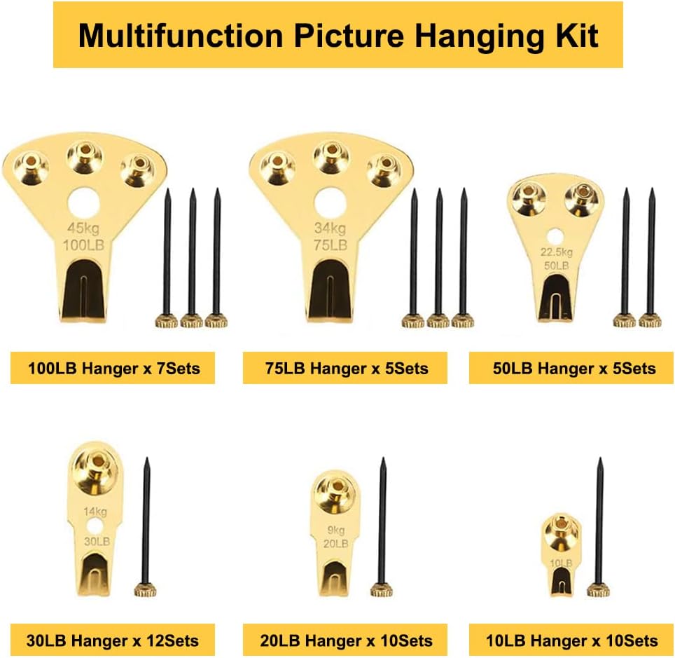 125 pcs Picture Hangers, Heavy Duty Picture Hanging Kit with Nails, Professional Picture Hanging Kit on Wooden/Drywall for Canvas, Office Pictures, Clock, House Decoration, Holds 10-100 lbs-1