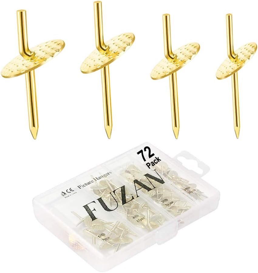 72 pcs Picture Hangers with 10-60lbs, 4 Different Size Picture Hangers, Iron Alloy Nail Hooks, Plaster Picture Hanging Kit on Wooden/Drywall Hanging Hardware for Clock, Mirror, Jewelry-0