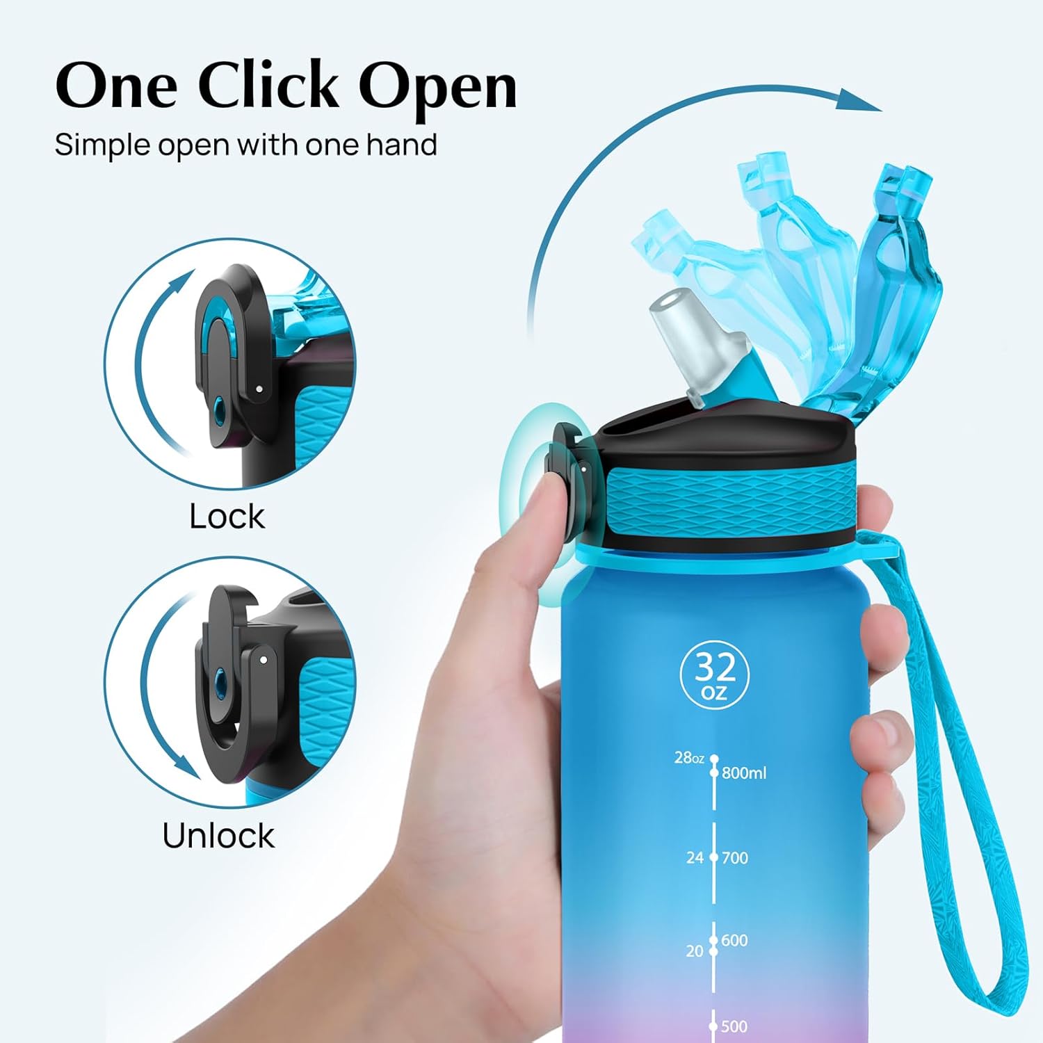 EYQ 32 oz Water Bottle with Time Marker, Carry Strap, Leak-Proof Tritan BPA-Free, Ensure You Drink Enough Water for Fitness, Gym, Camping, Outdoor Sports-3