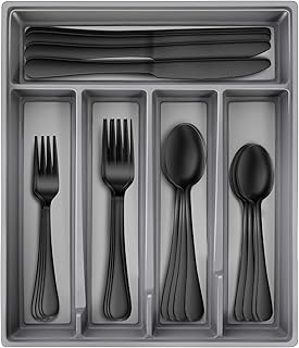 HIWARE 20-Piece Black Silverware Set with Tray, Stainless Steel Flatware Cutlery Set Service for 4, Kitchen Black Utensils Tableware Set for Home Restaurant, Mirror Finish, Dishwasher Safe