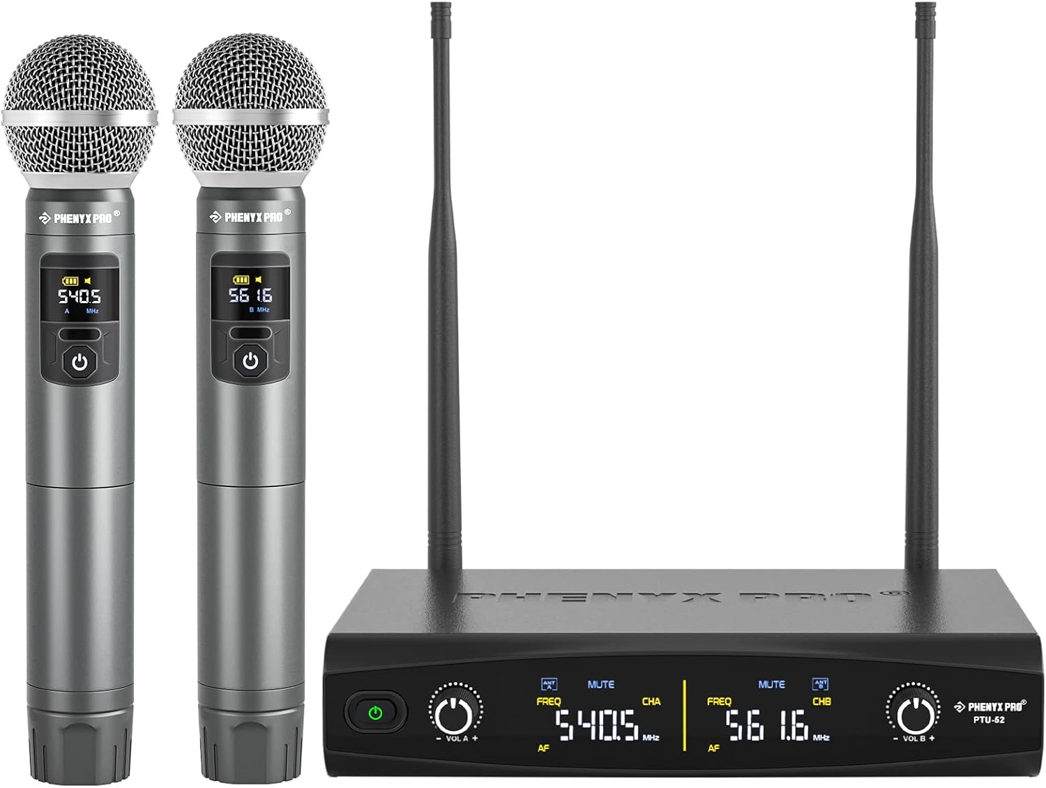 Phenyx Pro Wireless Microphone System, Metal Wireless Mic Set with Case,Handheld Cordless Dynamic Microphones for Singing, Karaoke, Church, DJ, 2x30 UHF Adjustable Frequencies,200ft Range (PTU-52-2H)-0