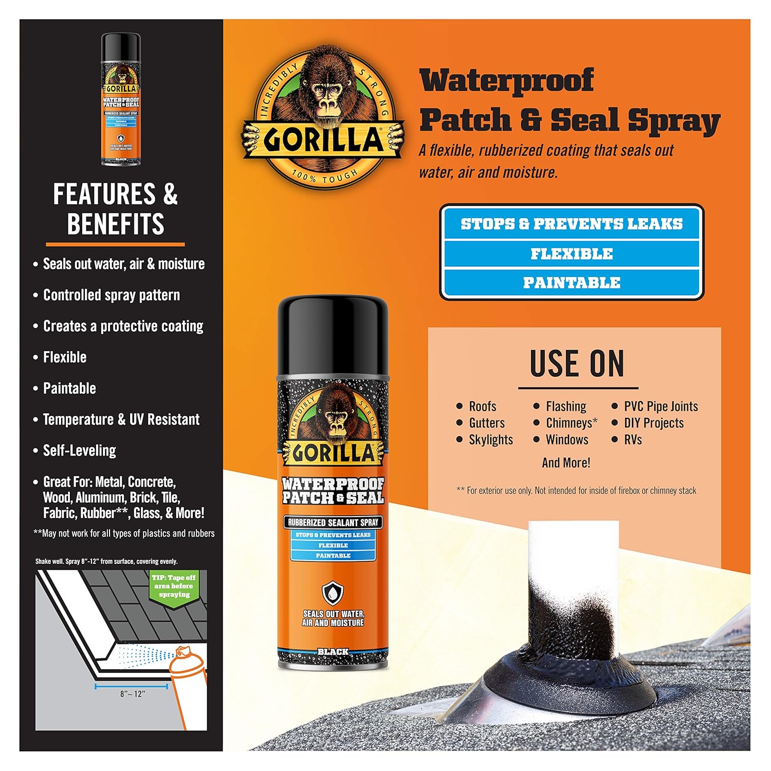 Gorilla Waterproof Patch & Seal Rubberized Sealant Spray; Black; 16oz (Pack of 2)-3