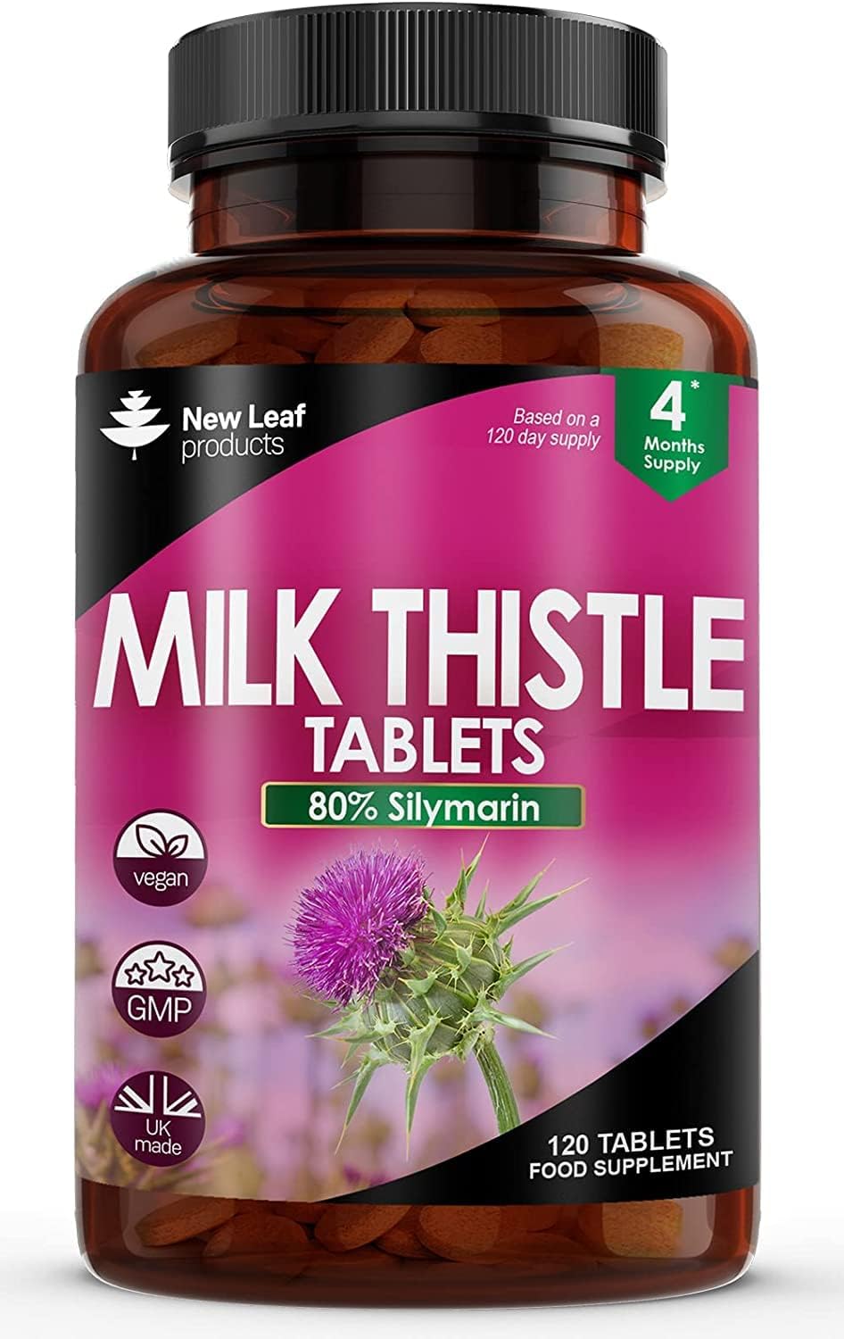 New Leaf Products Milk Thistle 1000mg Tablets (4 Month Supply) High Strength 2000mg 80% Silymarin, Vegan Tablets, GMO-Free, Gluten-Free 120 Tablets-0