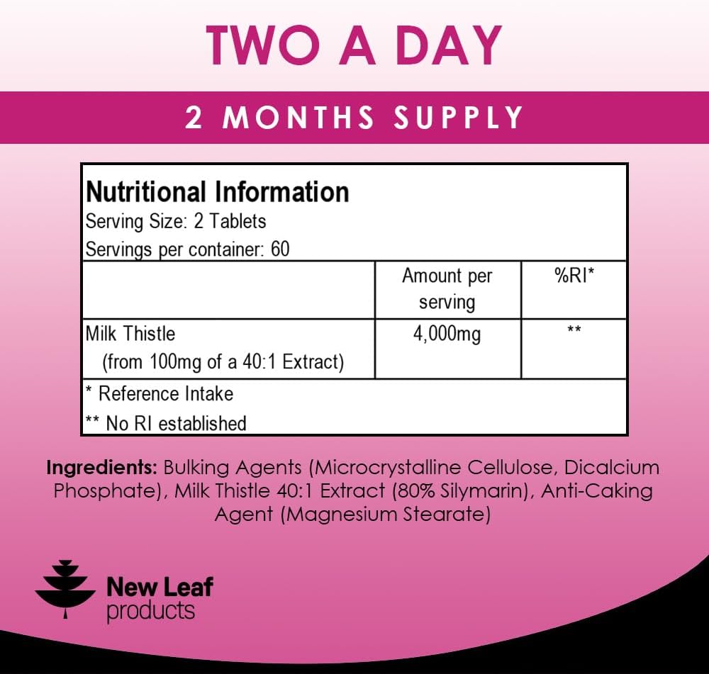 New Leaf Products Milk Thistle 1000mg Tablets (4 Month Supply) High Strength 2000mg 80% Silymarin, Vegan Tablets, GMO-Free, Gluten-Free 120 Tablets-4