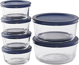 Anchor Hocking 12 Piece Glass Storage Containers with Lids (6 Glass Food Storage Containers & 6 Navy Blue SnugFit Lids)