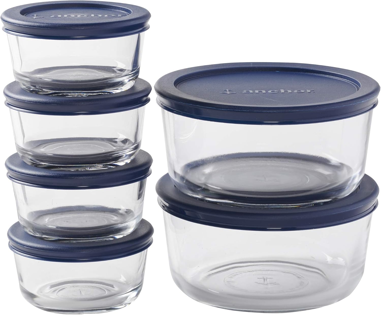 Anchor Hocking 12 Piece Glass Storage Containers with Lids (6 Glass Food Storage Containers & 6 Navy Blue SnugFit Lids)-0