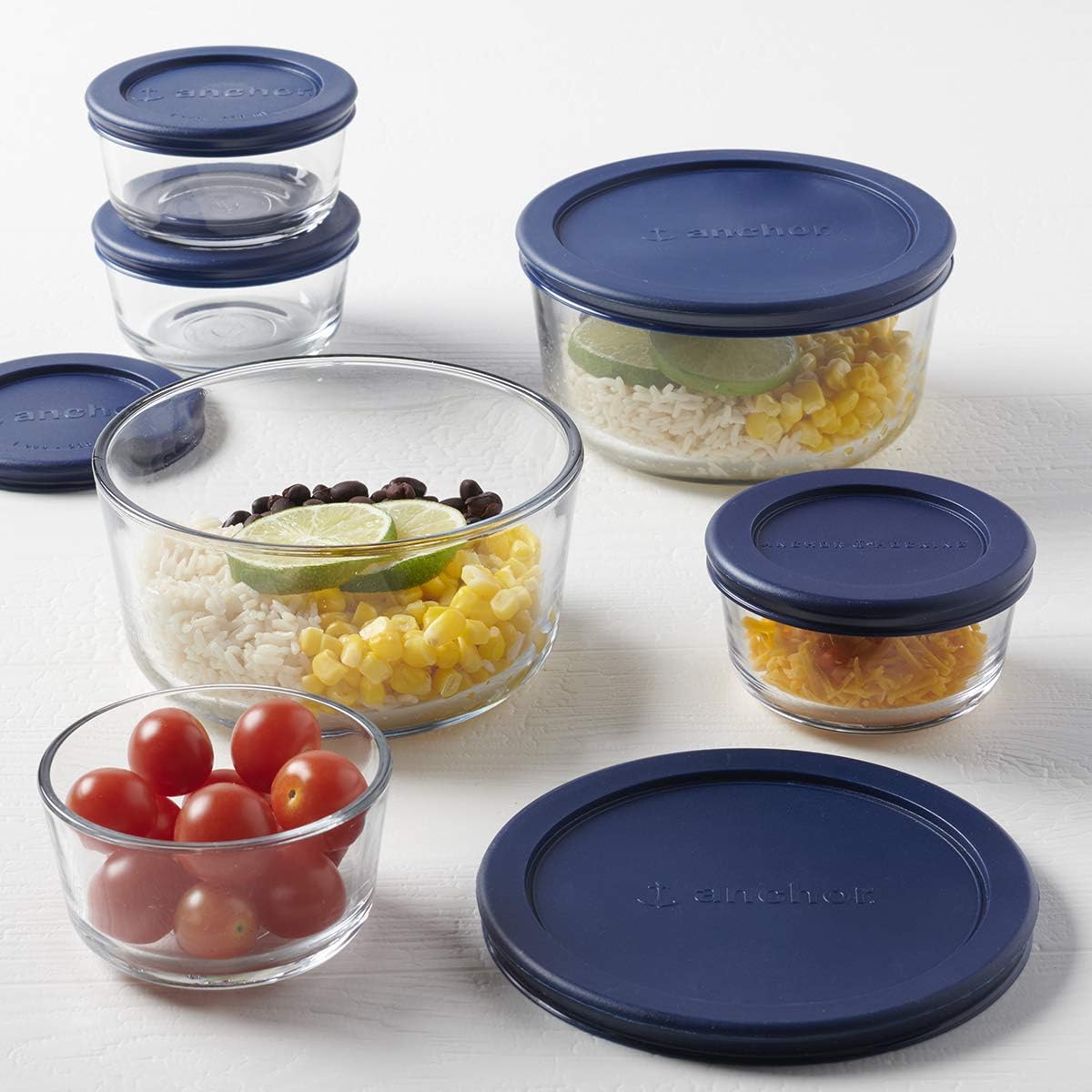 Anchor Hocking 12 Piece Glass Storage Containers with Lids (6 Glass Food Storage Containers & 6 Navy Blue SnugFit Lids)-1