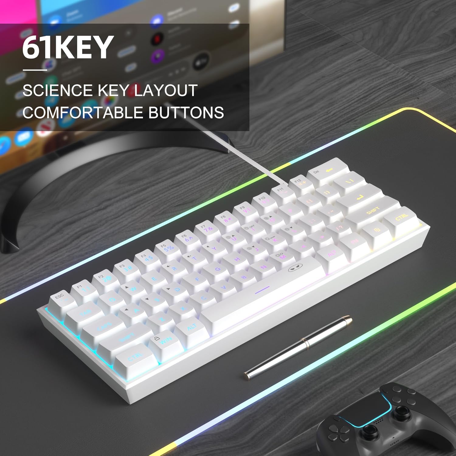 MageGee Mini 60% Gaming Keyboard, Upgrade RGB Backlit 61 Key Ultra-Compact Keyboard, TS91 Ergonomic Waterproof Mechanical Feeling Office Computer Keyboard for PC, MAC, PS4, Xbox ONE Gamer(White)-4