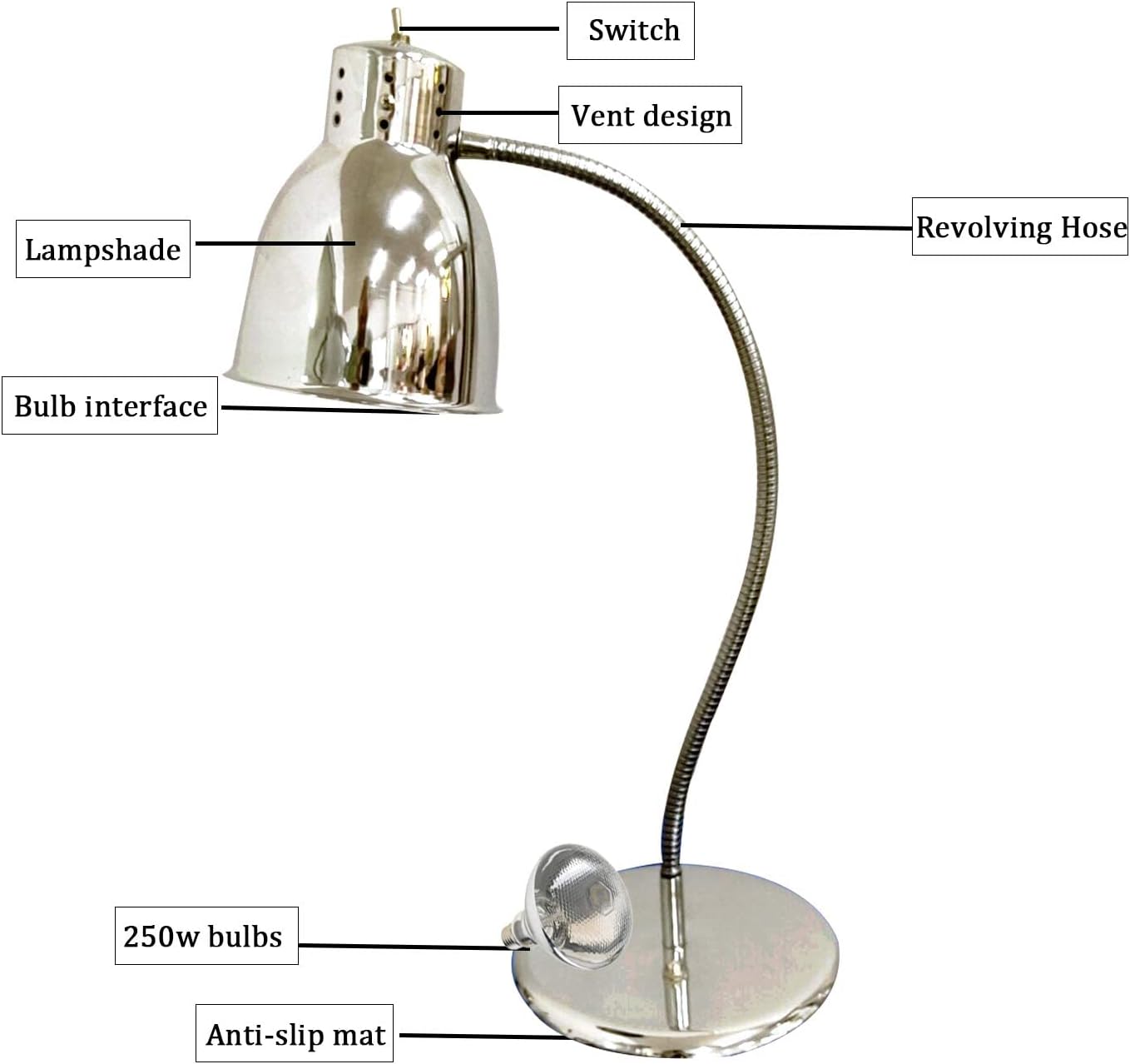 Commercial Food Heat Lamp with Bulb Fried Food Warming Lamps Hot Food Warmer Lights for Buffet Bar Parties Catering (Silver(Single Head))-3