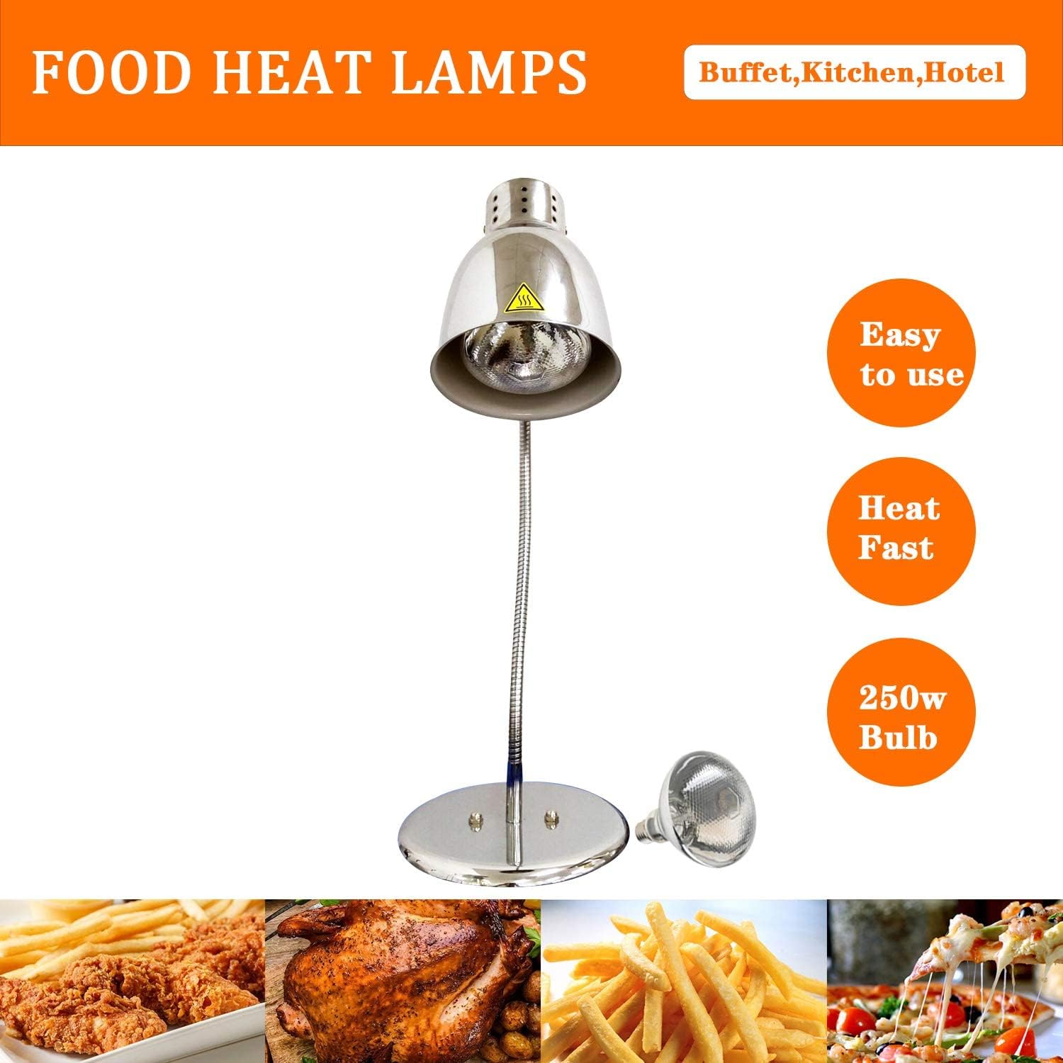 Commercial Food Heat Lamp with Bulb Fried Food Warming Lamps Hot Food Warmer Lights for Buffet Bar Parties Catering (Silver(Single Head))-5