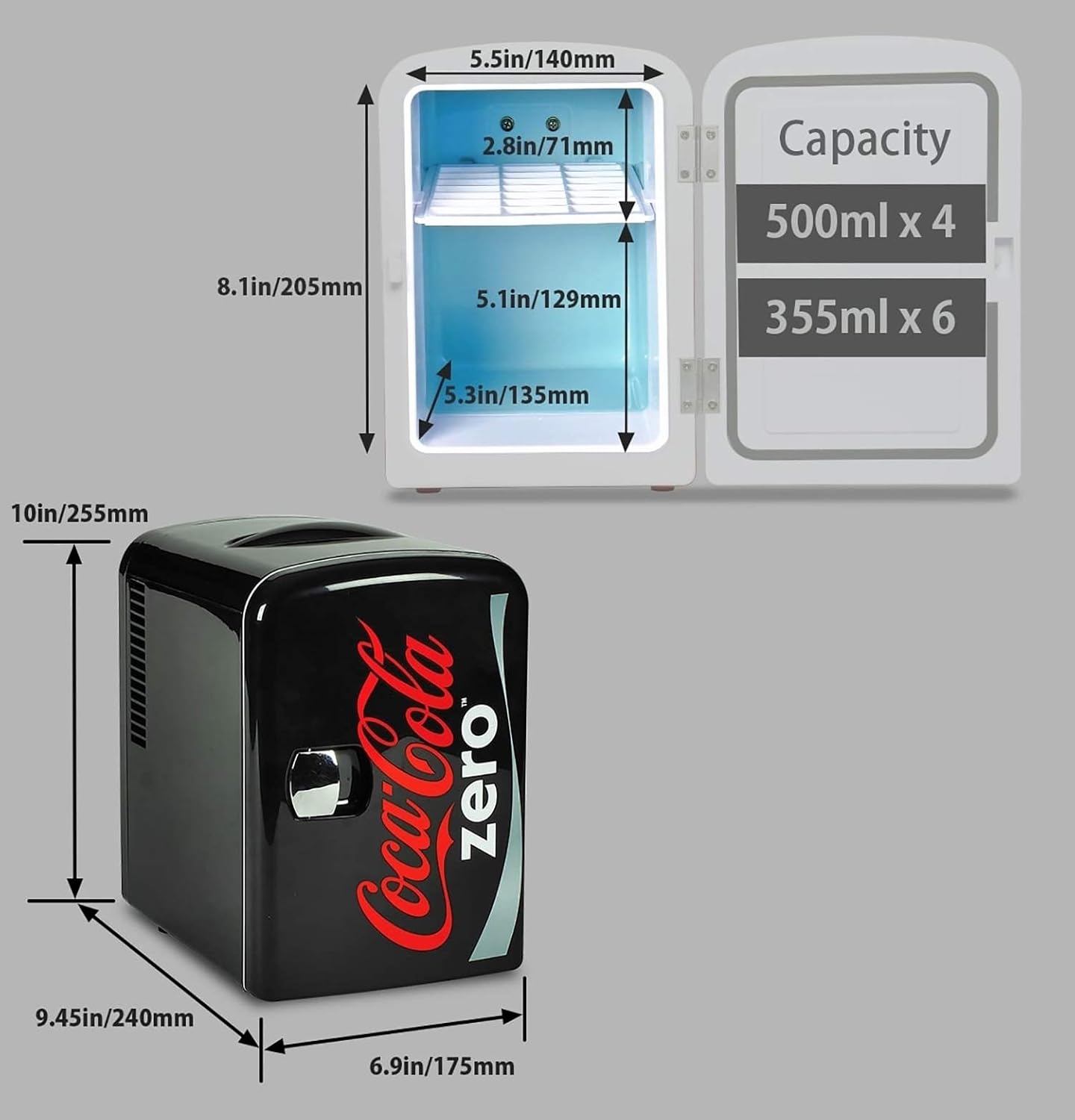 Coca-Cola Mini Fridge for Bedroom Skincare Office Dorm 4L Cooler Warmer 6 Can Small Refrigerator Personal Travel Mini Fridge for Snacks Drinks Fridge 12V DC 110V AC Mini Fridge-1