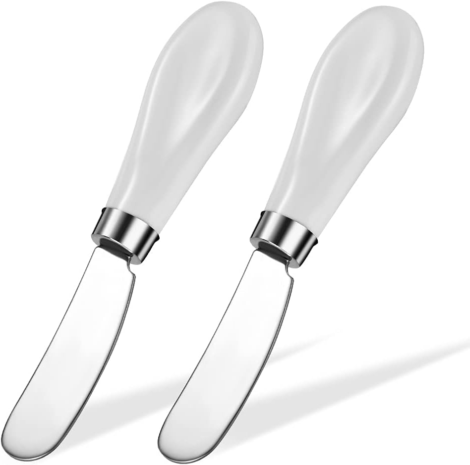 2 Pack Stainless Steel Butter Spreader Knife, Butter Knife with White Porcelain Handle, Cheese Butter Spreader Knives for Kitchen-0