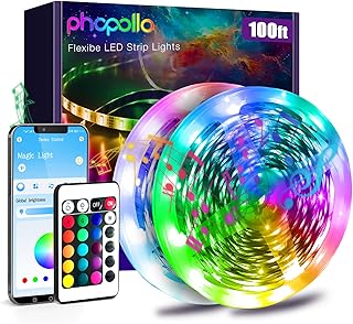 PHOPOLLO Bluetooth Led Strip Lights 100ft (2 Rolls of 50ft), RGB Color Changing LED Lights for Bedroom, Kitchen Decoration, App Control and Music Sync.