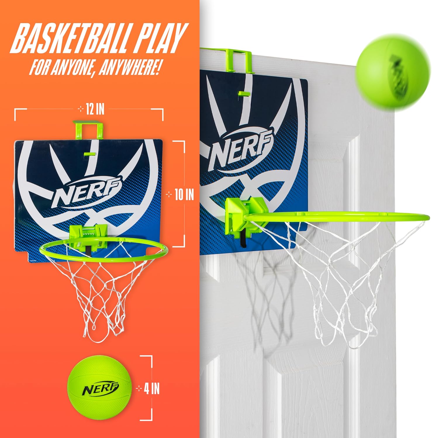 Nerf Mini Over The Door Basketball Hoop - Nerfoop Indoor Basketball Hoop for Kids - Toy Door Basketball Hoop + Mini Foam Basketball Game Set - Perfect for Bedroom Indoor Basketball - Green-1