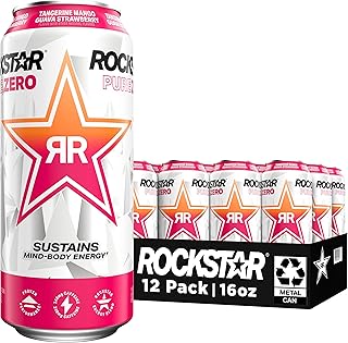 Rockstar Pure Zero Energy Drink, Tangerine Mango Guava Strawberryh, 0 Sugar, with Caffeine and Taurine, 16 Fl Oz (Pack of 12) (Packaging May Vary)