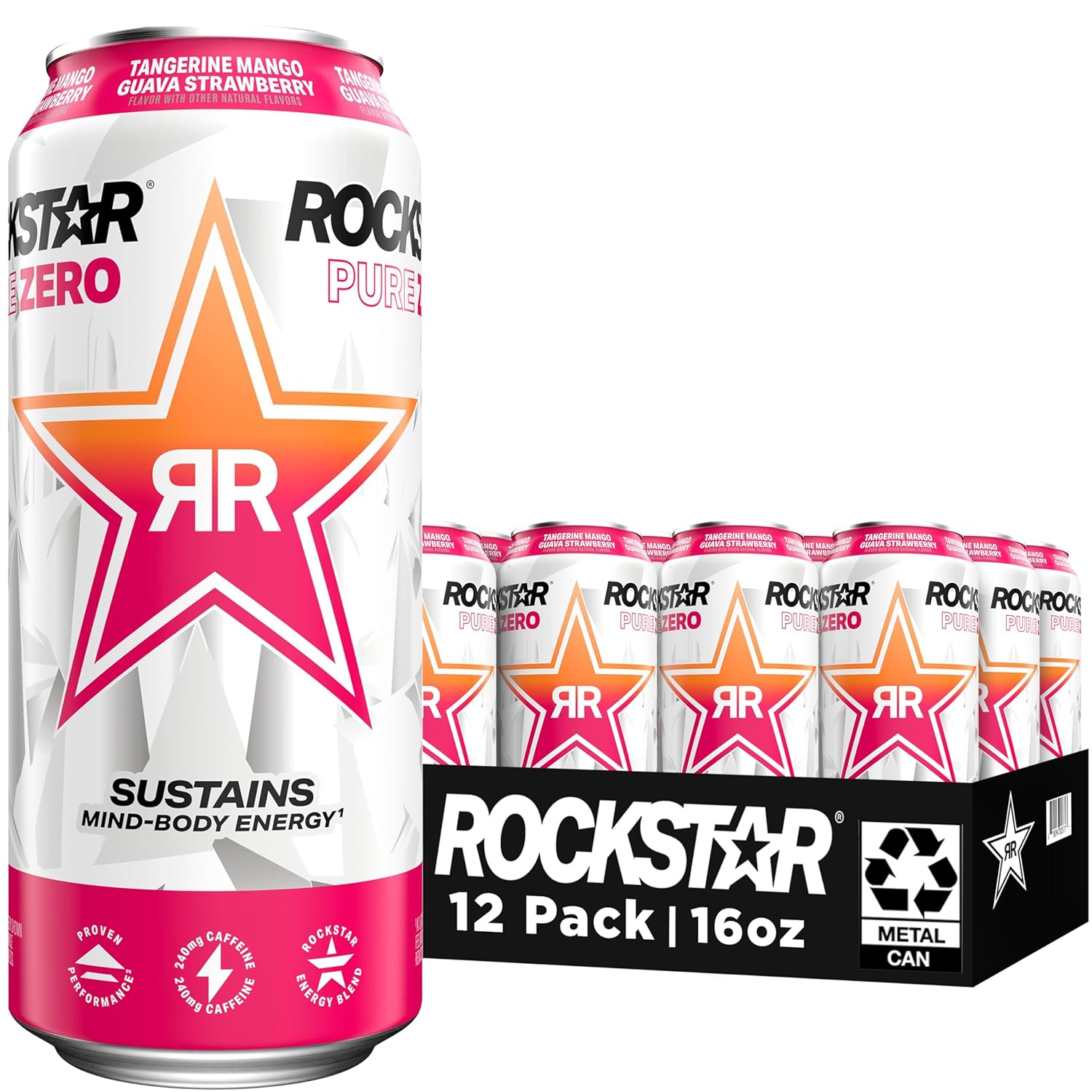 Rockstar Pure Zero Energy Drink, Tangerine Mango Guava Strawberryh, 0 Sugar, with Caffeine and Taurine, 16 Fl Oz (Pack of 12) (Packaging May Vary)-0